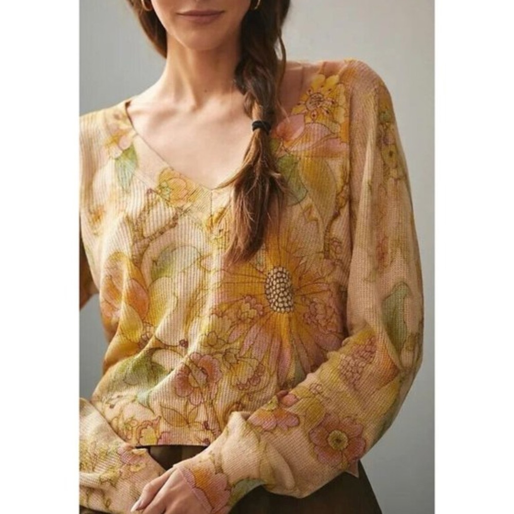 Anthropologie The Dreamer Linen Blend Floral Printed V-neck Sweater, Sz Small